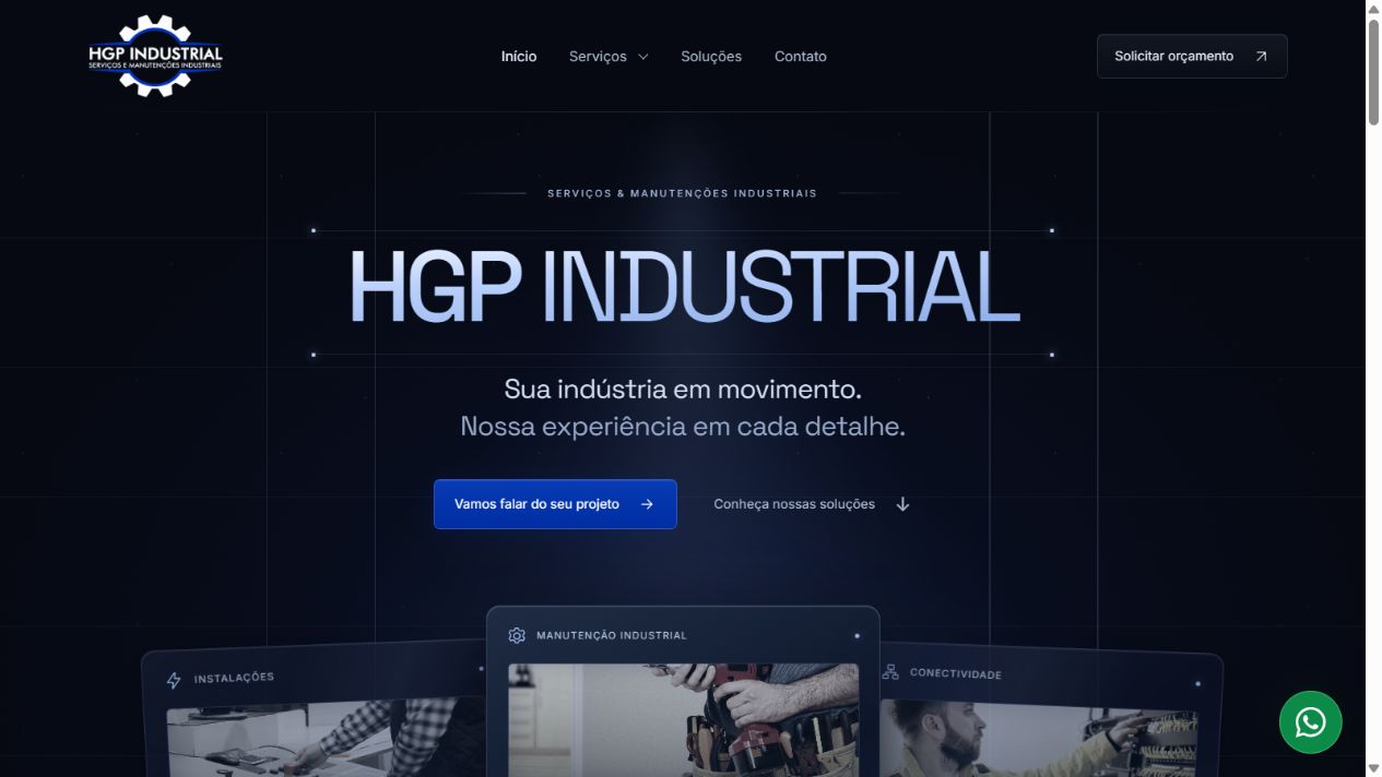 Página inicial da HGP Industrial, com fundo escuro e suas áreas de atuação na indústria