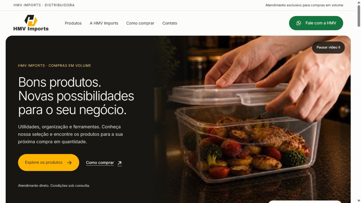 Página inicial da HMV Imports, com apresentação de produtos e catálogo para compras em volume