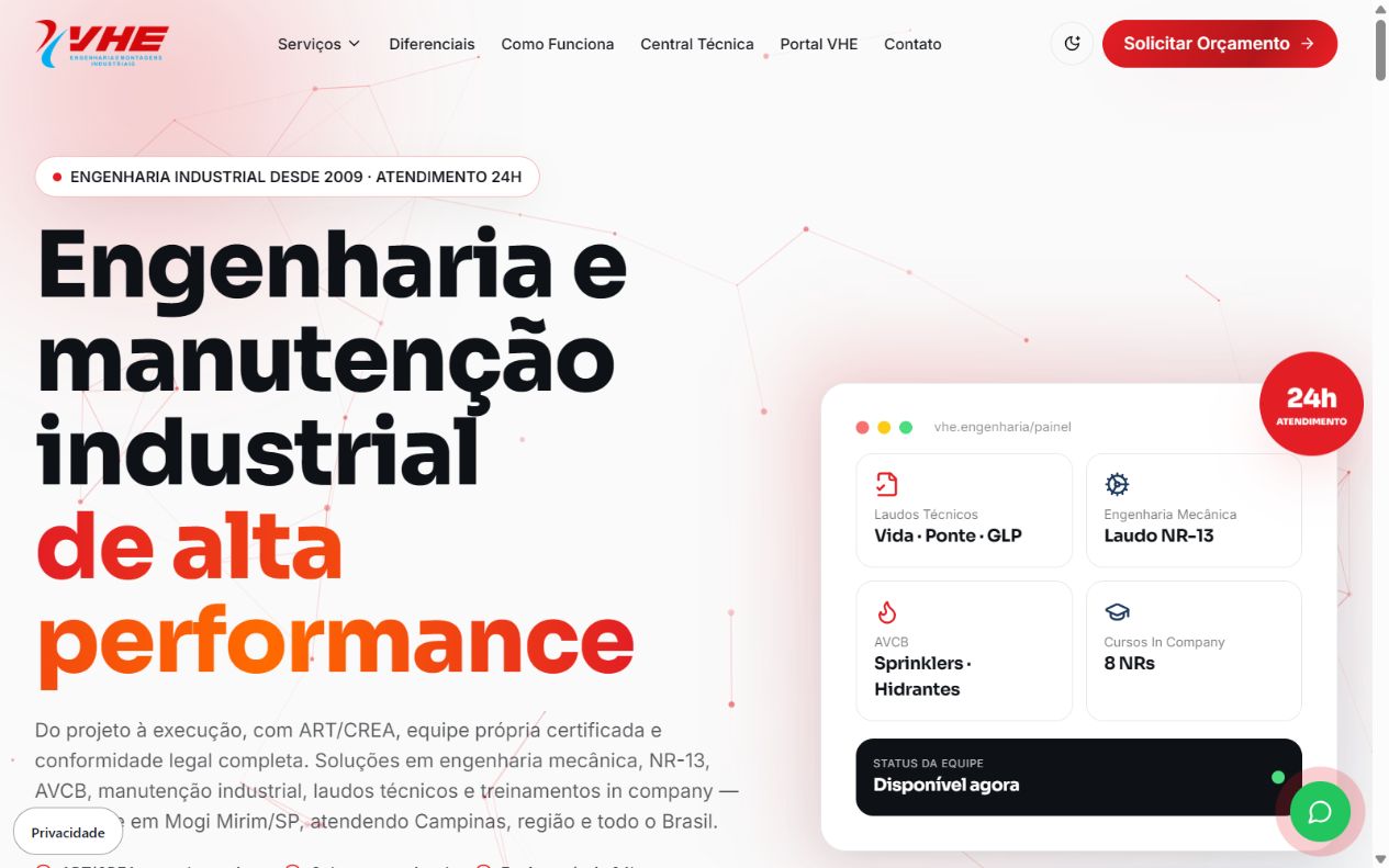 Página inicial da VHE Engenharia, com serviços de engenharia e manutenção industrial